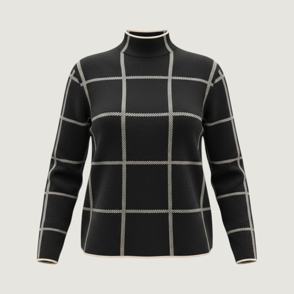 Max Studio Womens Black Ivory Windowpane Mock Neck High Low Sweater Large